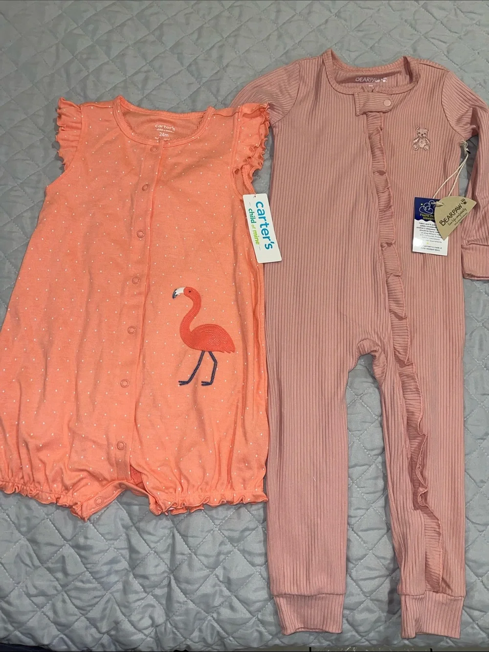 Carter's Peach & Bearpaw Dusty Pink Romper with Ruffle Footless Sleeper